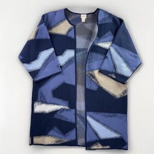 Chico's Cardigan Womens Size 2 Blue Cotton Blend Color Block Open Front Sweater